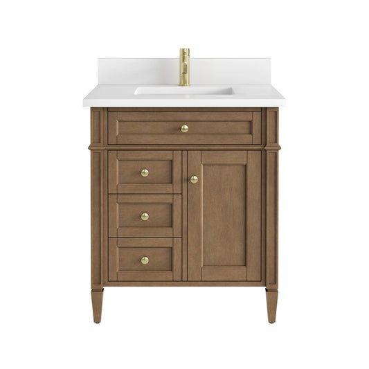 Brittany 30" Single Vanity, Pecan w/ Single Hole 3 CM White Zeus Silestone Top and Matching Backsplash