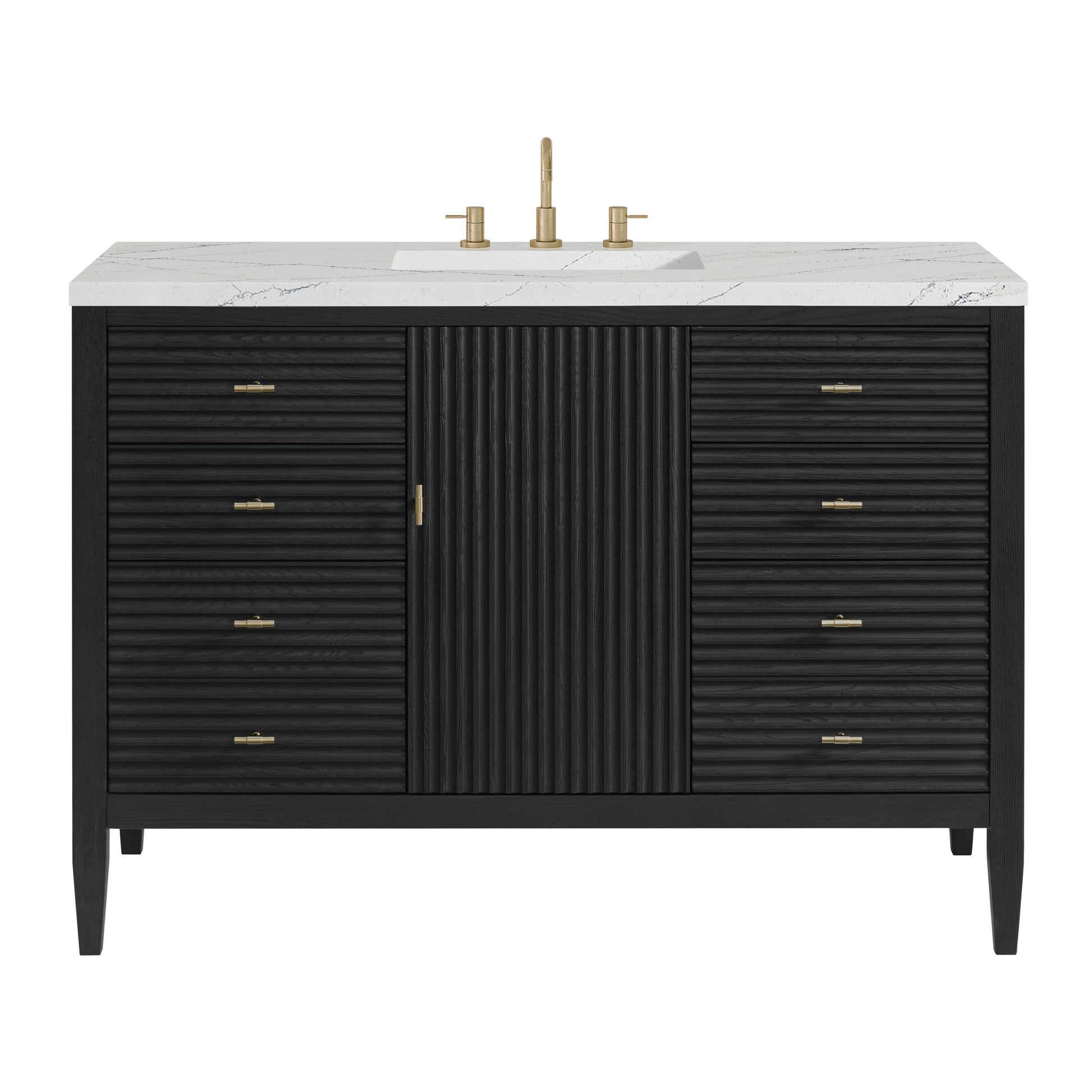 Renovate for Less Atlanta Myrrin 48" Single Vanity, Carbon Oak w/ 3 CM Ethereal Noctis Silestone Top w/FreePower Wireless Charger