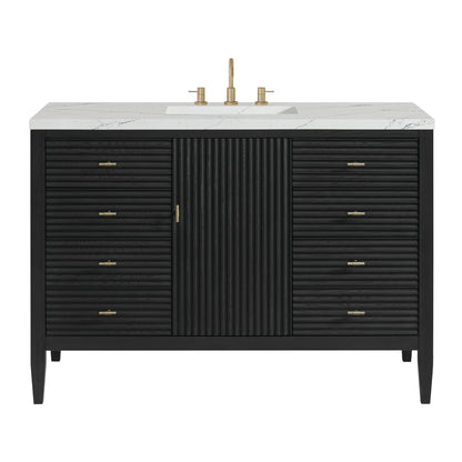Renovate for Less Atlanta Myrrin 48" Single Vanity, Carbon Oak w/ 3 CM Ethereal Noctis Silestone Top w/FreePower Wireless Charger