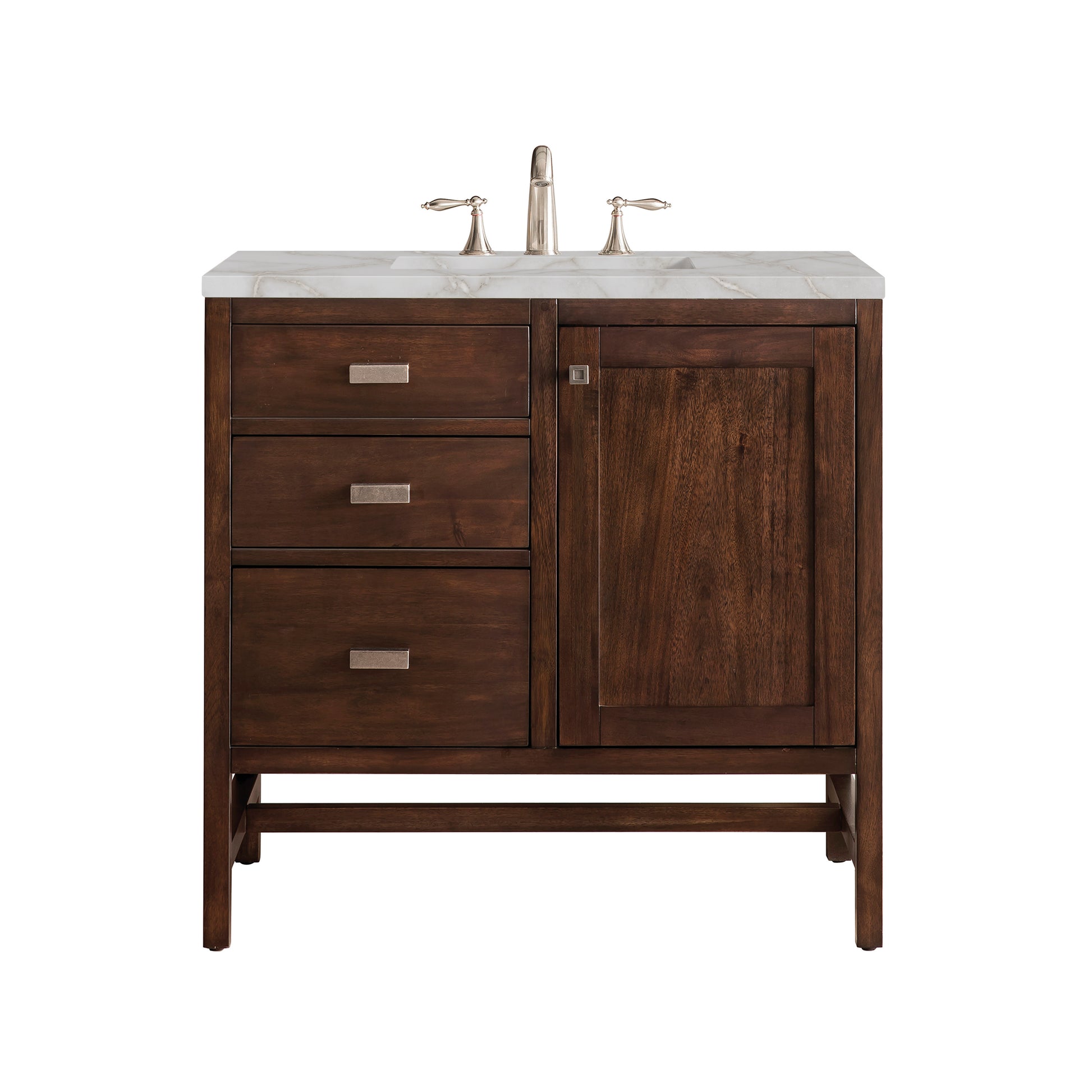Renovate for Less Atlanta Addison 36" Single Vanity, Mid-Century Acacia w/ 3 CM Victorian Silver Silestone Top