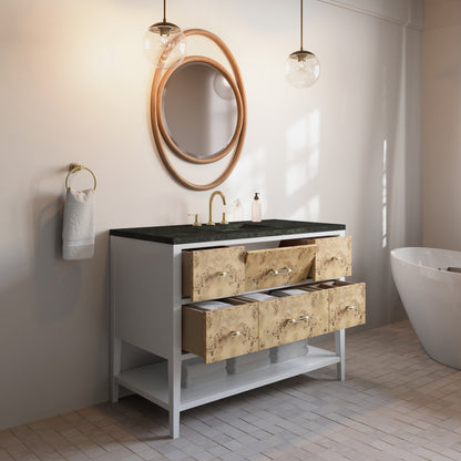 Renovate for Less Atlanta Olena 48" Single Vanity, Light Mappa Burl and Polished White, w/ 3 CM Phantome Eclos Top