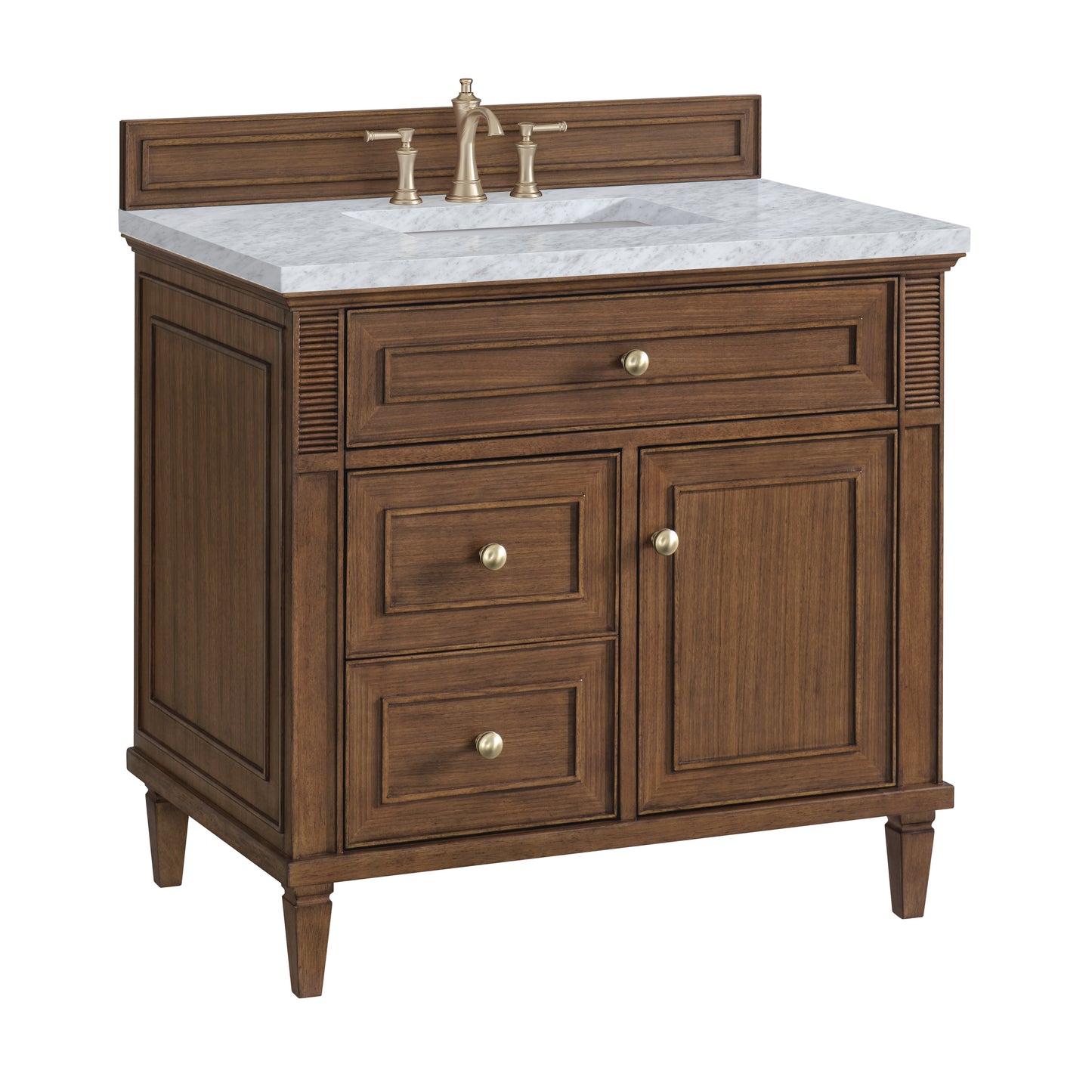 Renovate for Less Atlanta Lorelai 36" Single Vanity, Mid-Century Walnut w/ 3 CM Carrara White Marble Top