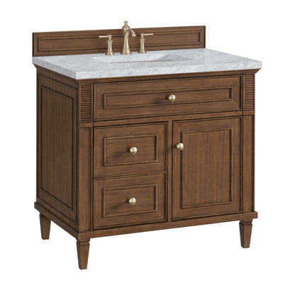 Renovate for Less Atlanta Lorelai 36" Single Vanity, Mid-Century Walnut w/ 3 CM Carrara White Marble Top