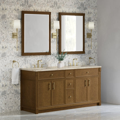 Renovate for Less Atlanta Bellshire 72" Double Vanity, Honey Oak w/ 3 CM Tajnar Eclos Top w/FreePower Wireless Charger