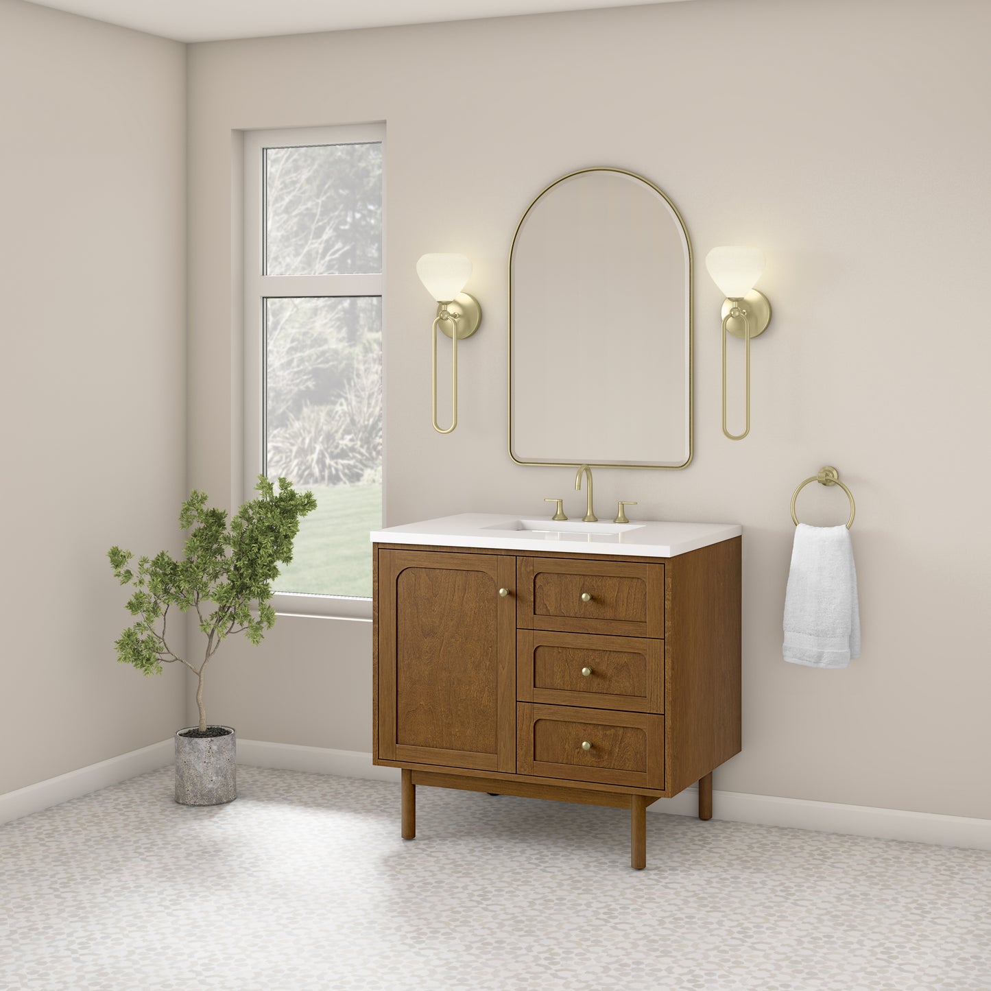 Renovate for Less Atlanta Laurent 36" Single Vanity, Honey Oak w/ 3 CM White Zeus Silestone Top