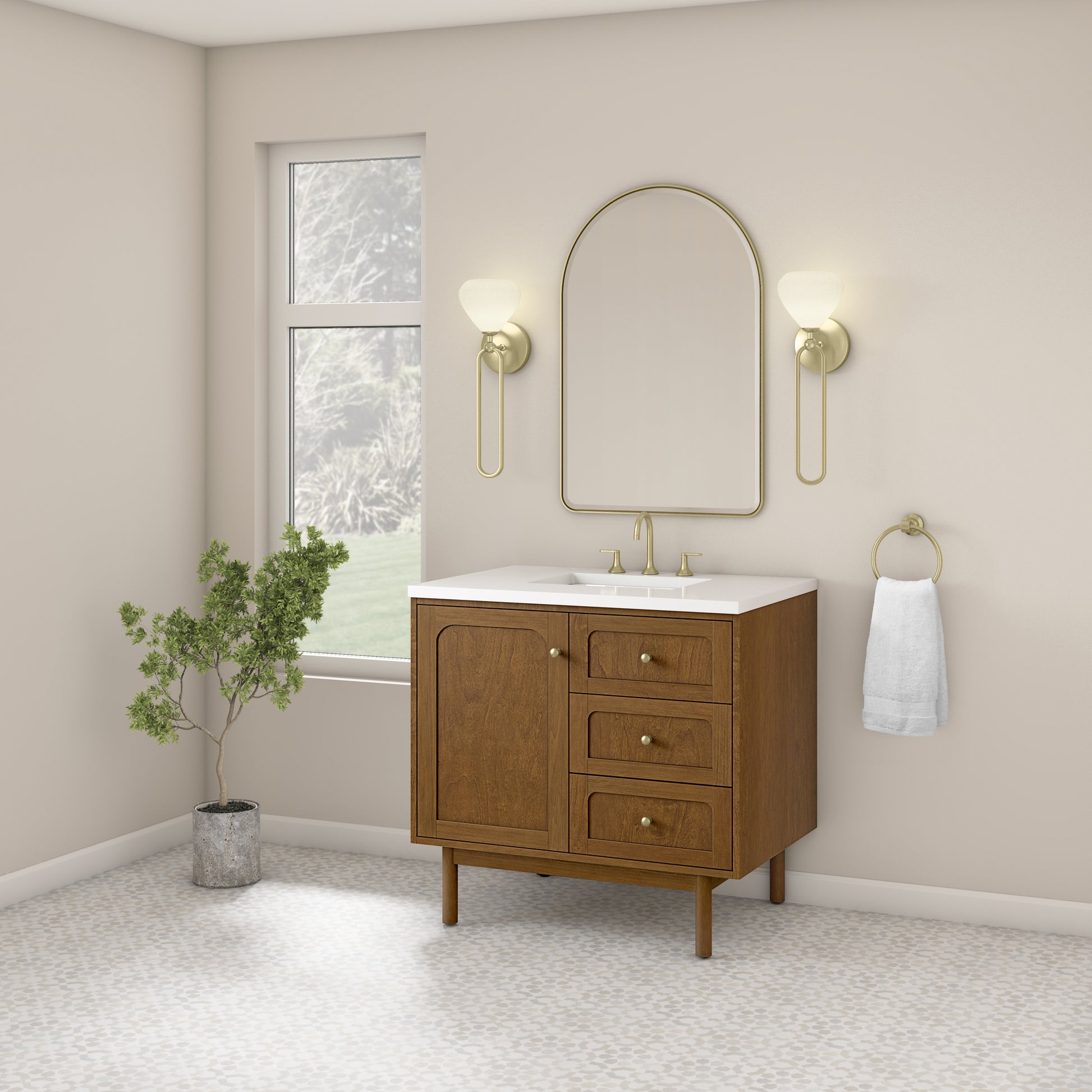 Renovate for Less Atlanta Laurent 36" Single Vanity, Honey Oak w/ 3 CM White Zeus Silestone Top