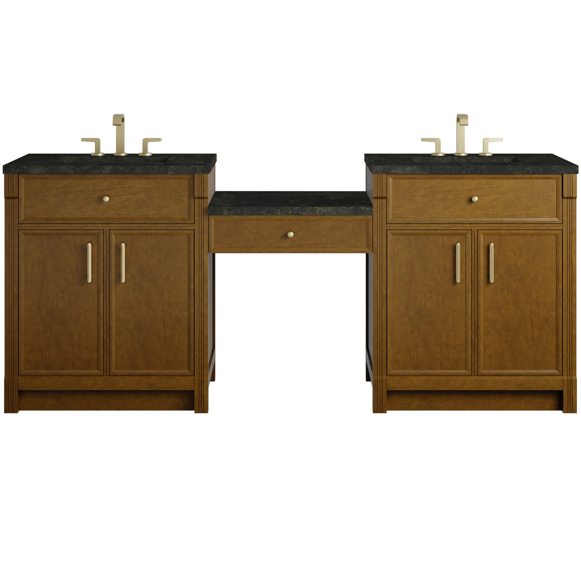 Renovate for Less Atlanta Bellshire 84" Dual Vanity Set with 24" Make-Up Counter, Honey Oak w/3 cm Phantome Eclos Top