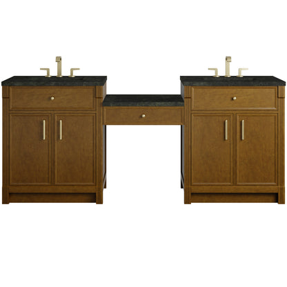 Renovate for Less Atlanta Bellshire 84" Dual Vanity Set with 24" Make-Up Counter, Honey Oak w/3 cm Phantome Eclos Top