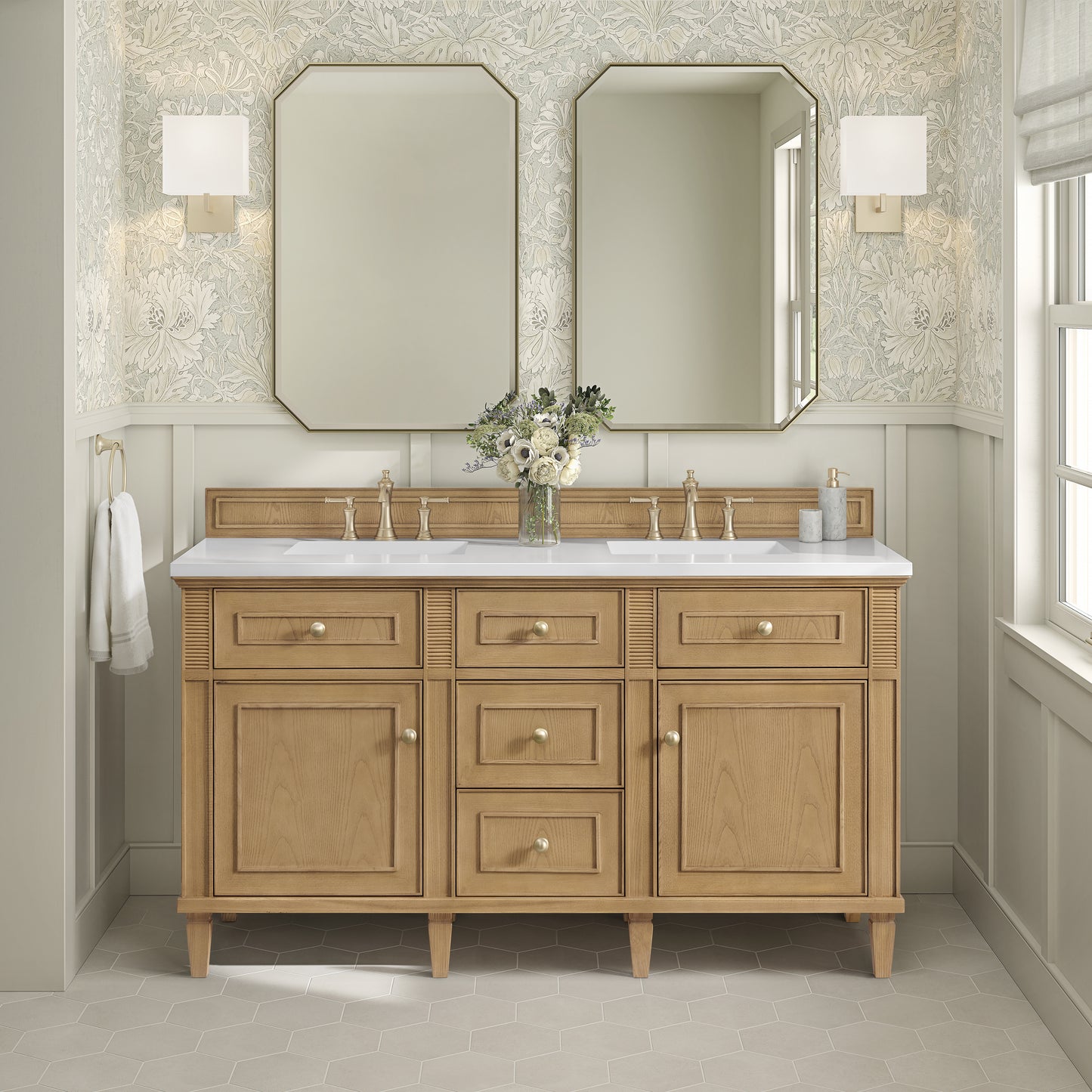 Renovate for Less Atlanta Lorelai 60" Double Vanity, Light Natural Oak w/ 3 CM White Zeus Silestone Top