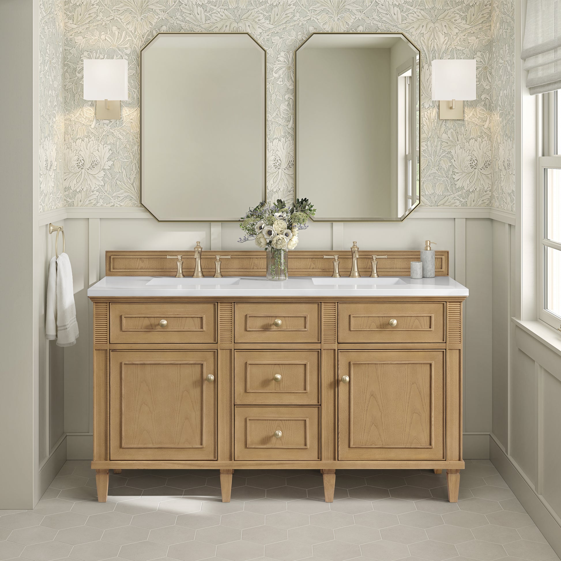 Renovate for Less Atlanta Lorelai 60" Double Vanity, Light Natural Oak w/ 3 CM White Zeus Silestone Top