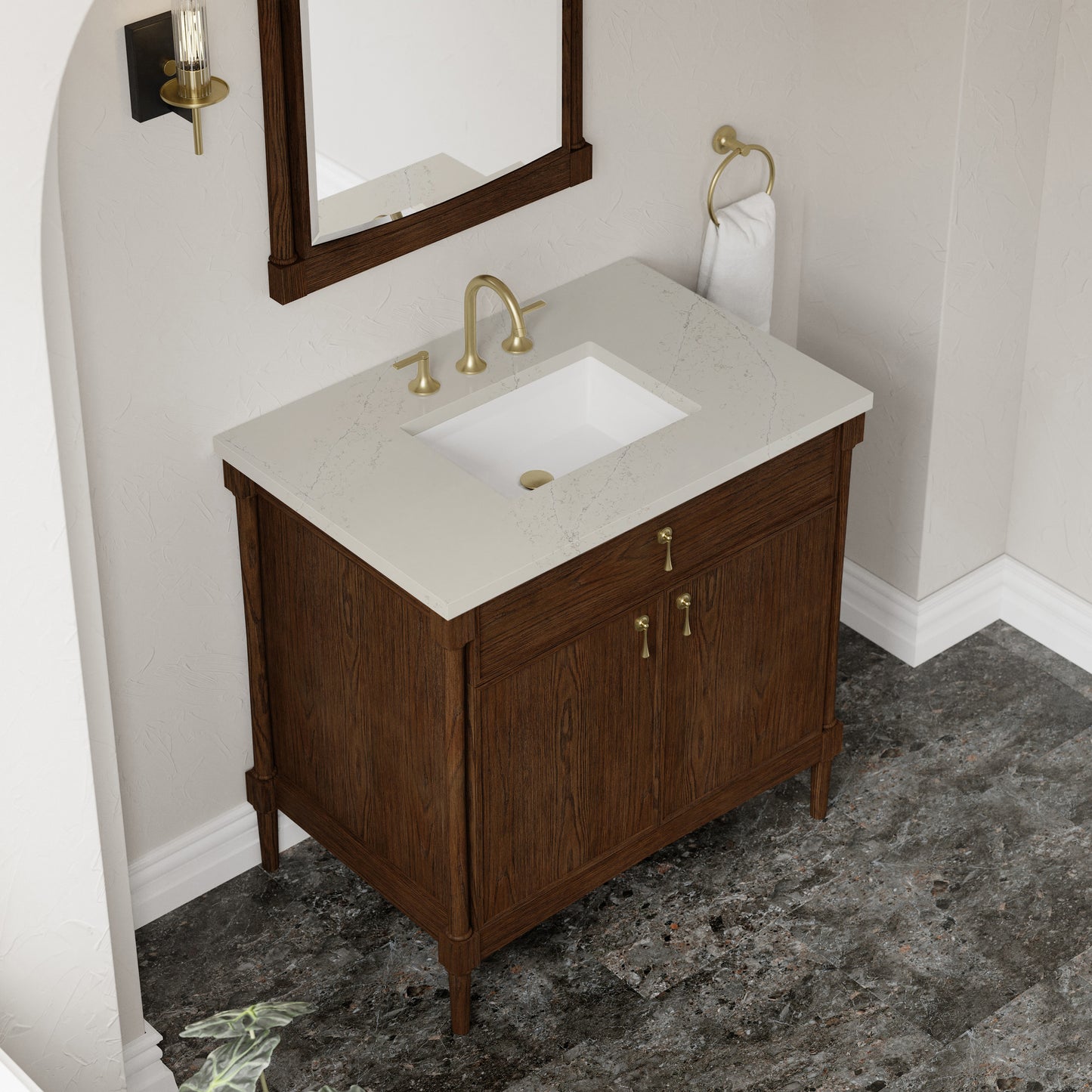 Renovate for Less Atlanta Kinnsden 36" Single Vanity, Sable Oak w/ 3 CM Siberian Silestone Top