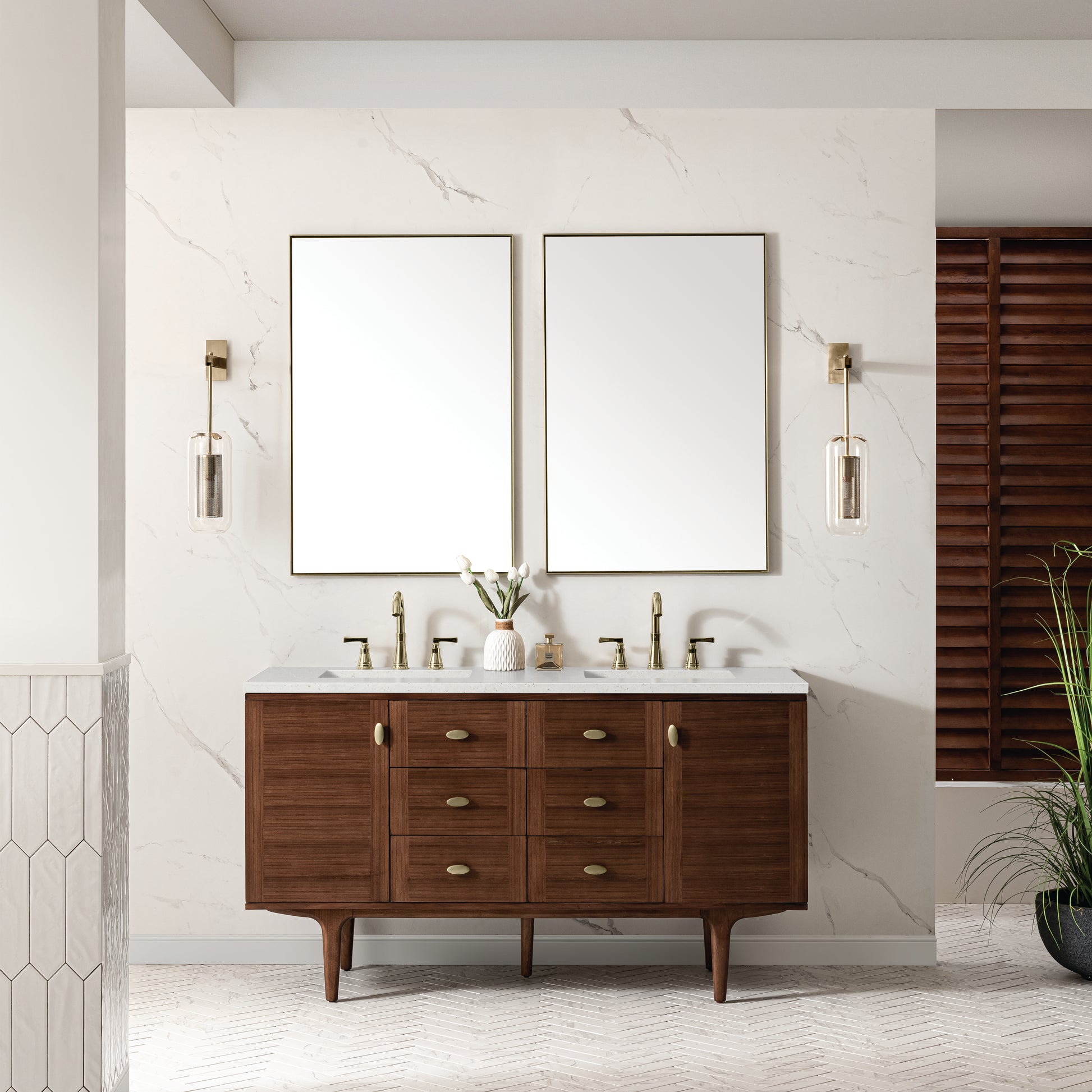 Renovate for Less Atlanta Amberly 60" Double Vanity, Mid-Century Walnut w/ 3 CM Lime Delight Top