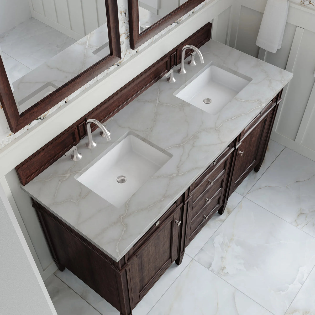 Brittany 60" Double Vanity, Burnished Mahogany w/ 3 CM Victorian Silver Silestone Top