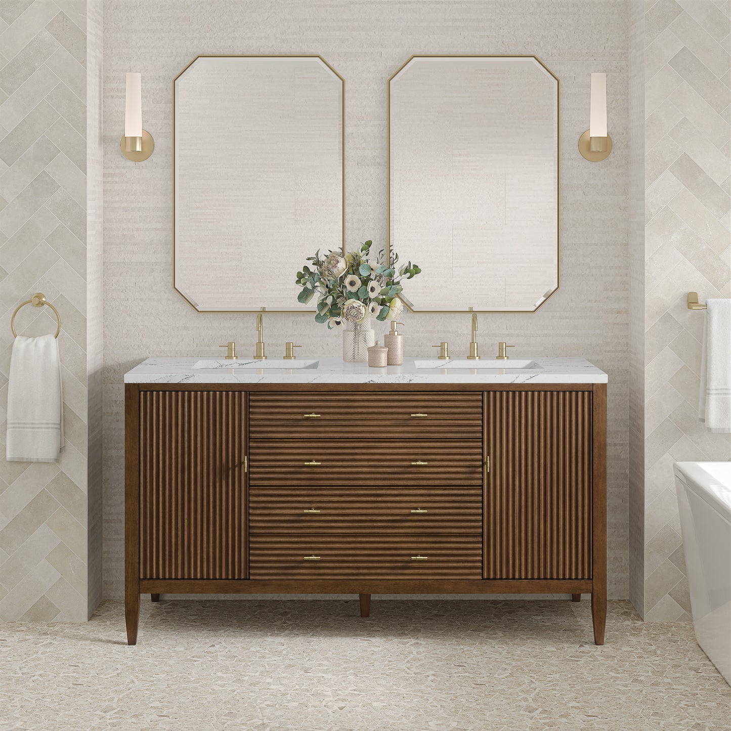 Renovate for Less Atlanta Myrrin 60" Double Vanity, Mid Century Walnut w/ 3 CM Ethereal Noctis Silestone Top w/FreePower Wireless Charger