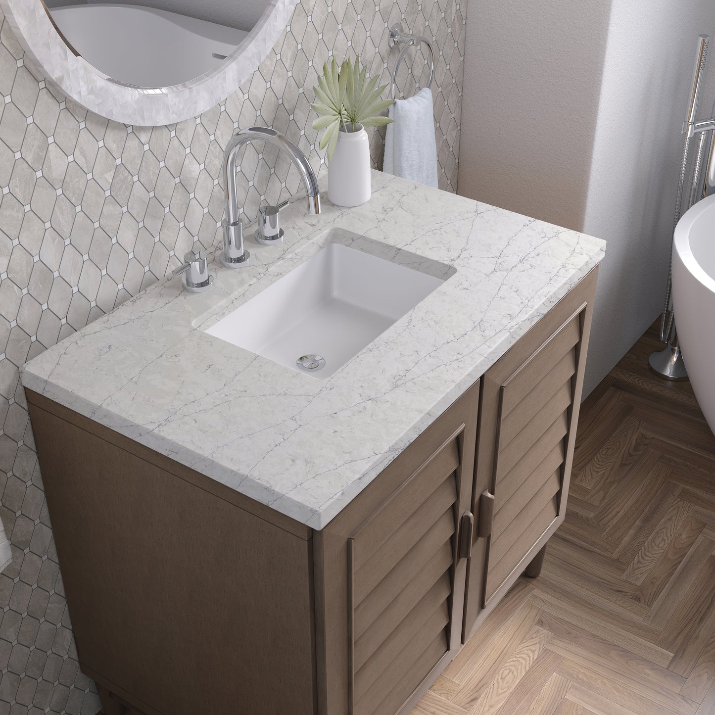 Renovate for Less Atlanta Portland 36" Single Vanity Whitewashed Walnut w/ 3 CM Eternal Jasmine Pearl Silestone Top