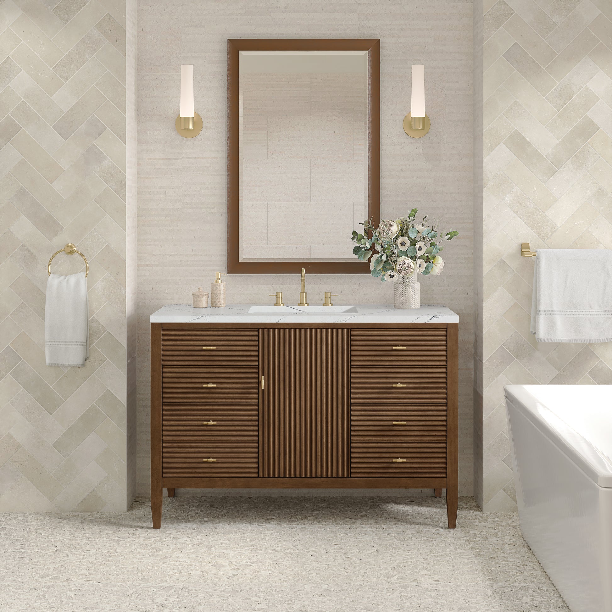 Renovate for Less Atlanta Myrrin 48" Single Vanity, Mid Century Walnut w/ 3 CM Ethereal Noctis Silestone Top