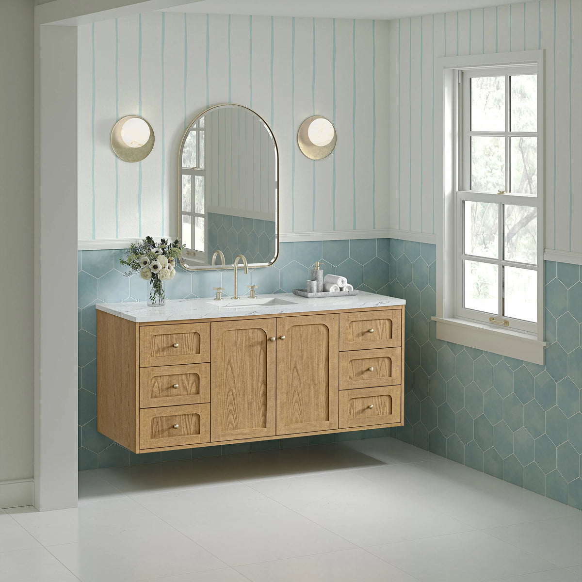 Laurent 60" Single Vanity, Light Natural Oak, w/ 3 CM Ethereal Noctis Silestone Top w/ FreePower Wireless Charger