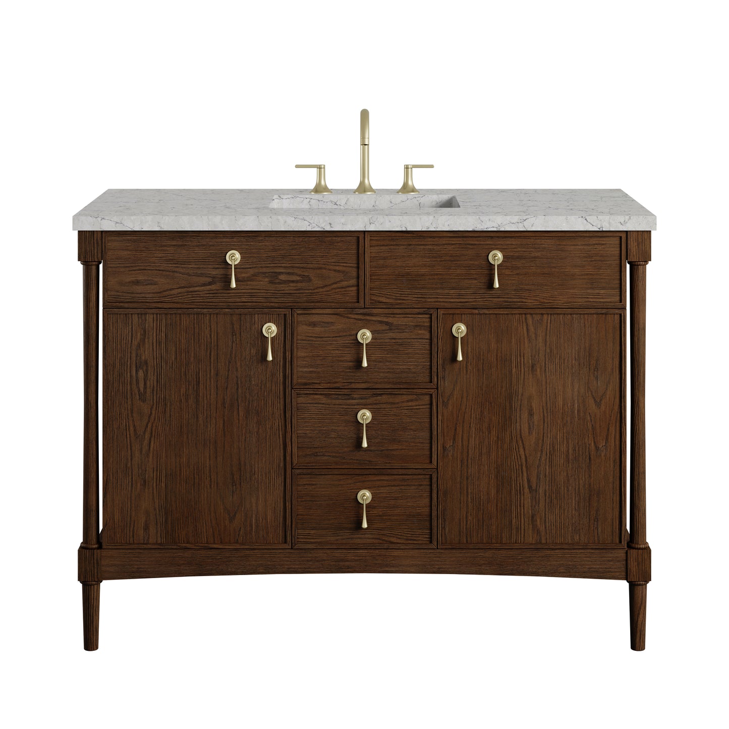 Renovate for Less Atlanta Kinnsden 48" Single Vanity, Sable Oak w/ 3 CM Eternal Jasmine Pearl Silestone Top