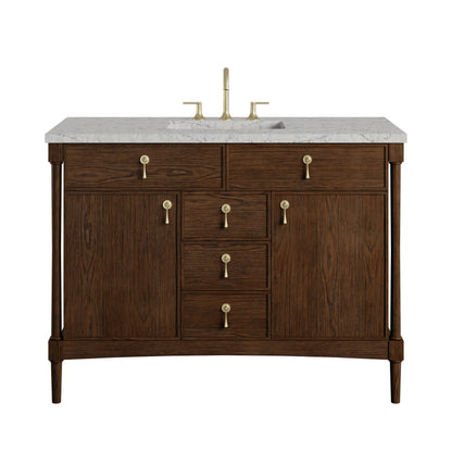 Renovate for Less Atlanta Kinnsden 48" Single Vanity, Sable Oak w/ 3 CM Eternal Jasmine Pearl Silestone Top