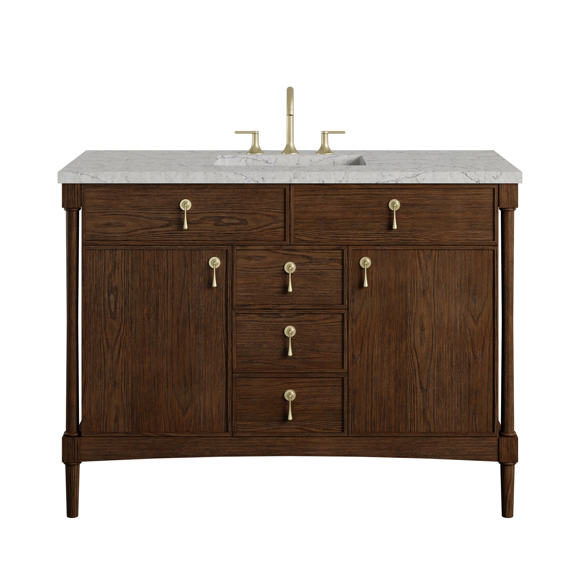 Renovate for Less Atlanta Kinnsden 48" Single Vanity, Sable Oak w/ 3 CM Eternal Jasmine Pearl Silestone Top w/FreePower Wireless Charger