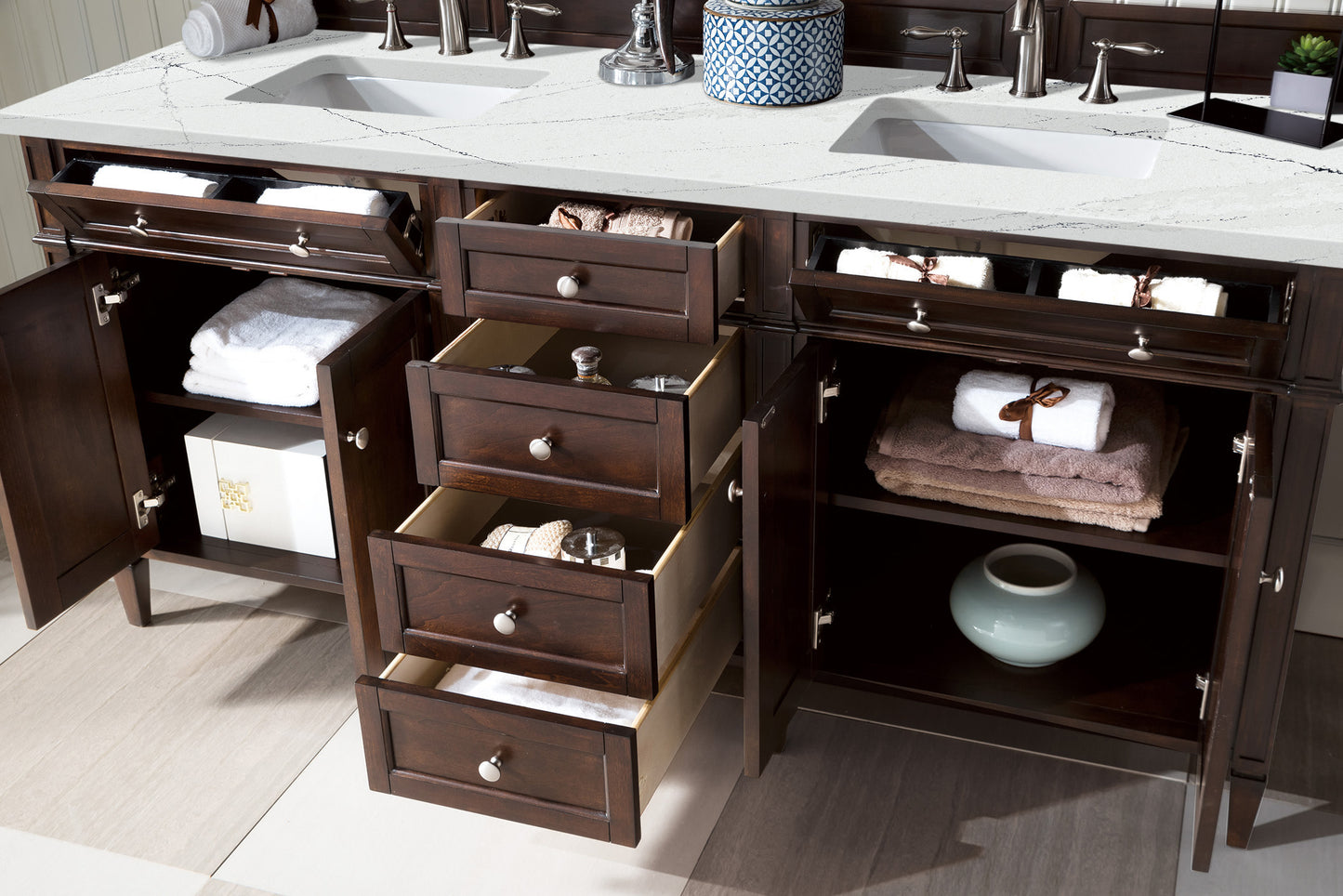 Renovate for Less Atlanta Brittany 72" Double Vanity, Burnished Mahogany w/ 3 CM Ethereal Noctis Silestone Top