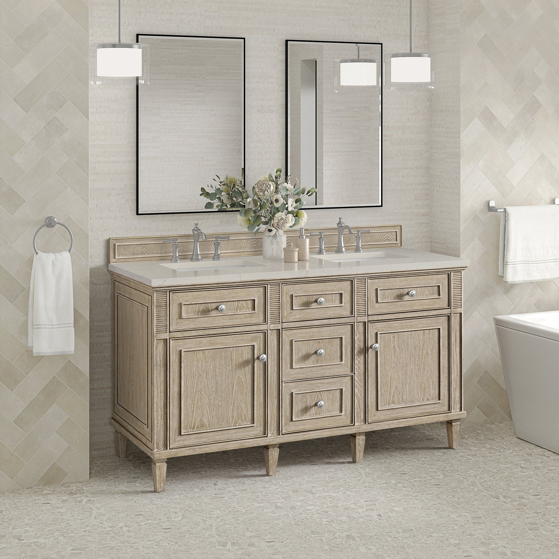 Renovate for Less Atlanta Lorelai 60" Double Vanity, Whitewashed Oak, w/ 3 CM Siberian Silestone Top