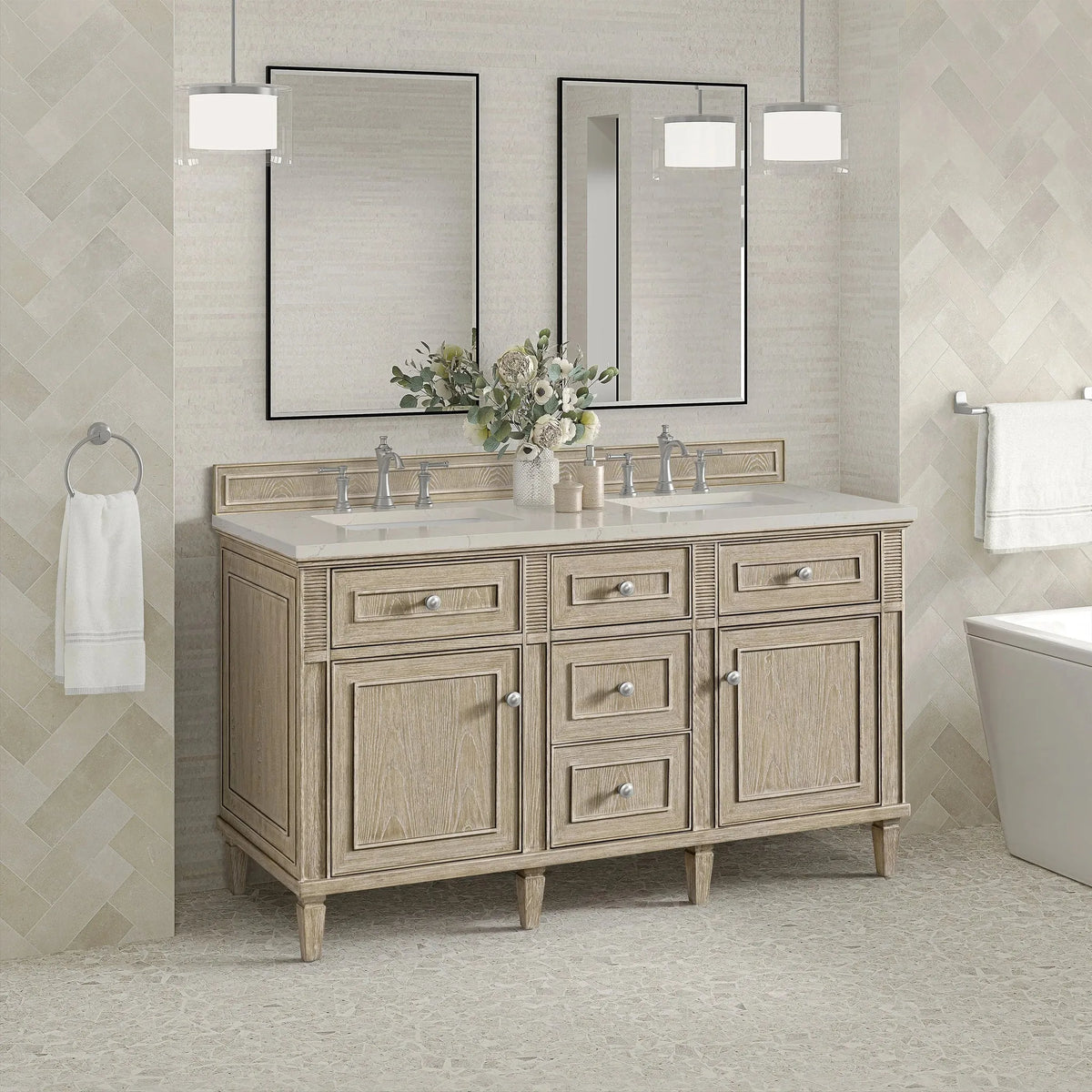 Lorelai 60" Double Vanity, Whitewashed Oak, w/ 3 CM Siberian Silestone Top