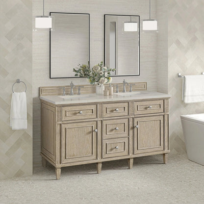 Lorelai 60" Double Vanity, Whitewashed Oak, w/ 3 CM Siberian Silestone Top