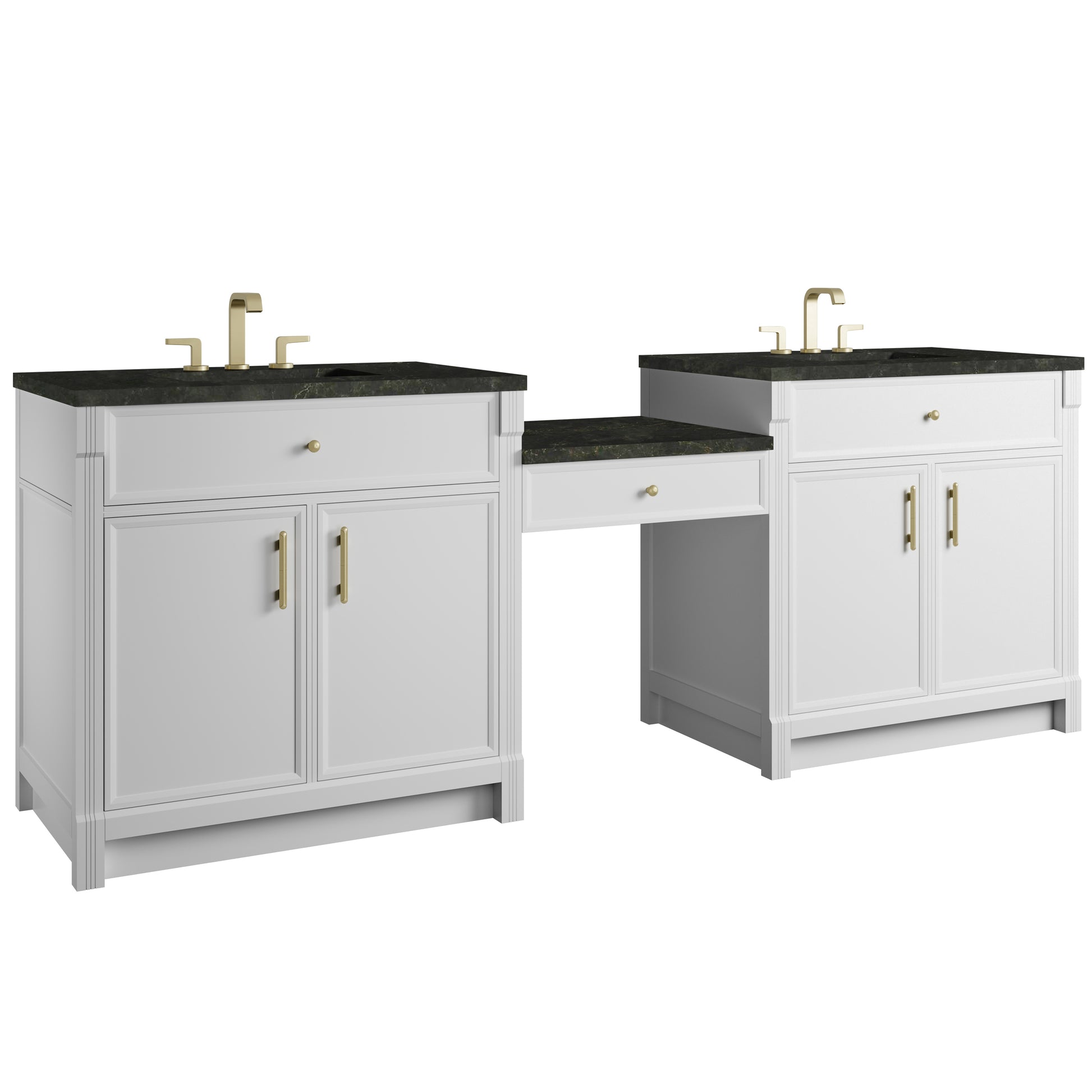 Renovate for Less Atlanta Bellshire 96" Dual Vanity Set with 24" Make-Up Counter, Bright White w/3 cm Phantome Eclos Top