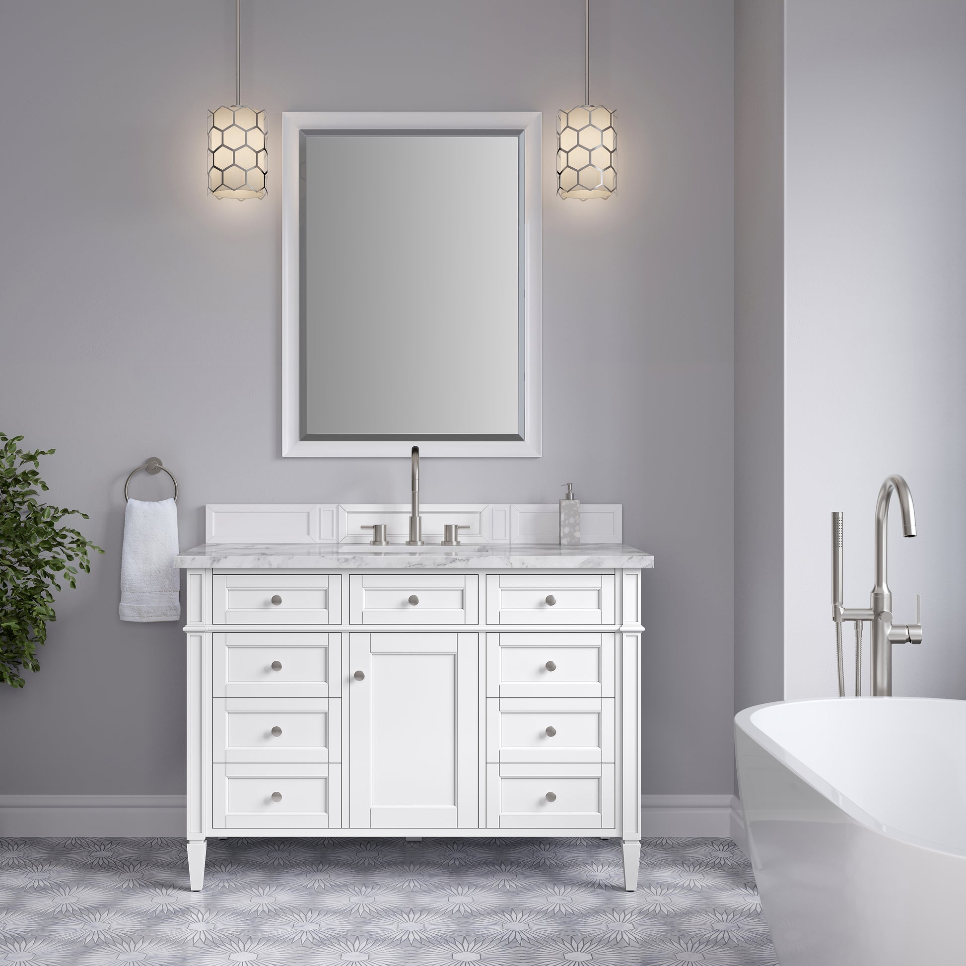 Renovate for Less Atlanta Brittany 48" Single Vanity, Bright White w/ 3 CM Carrara Marble Top