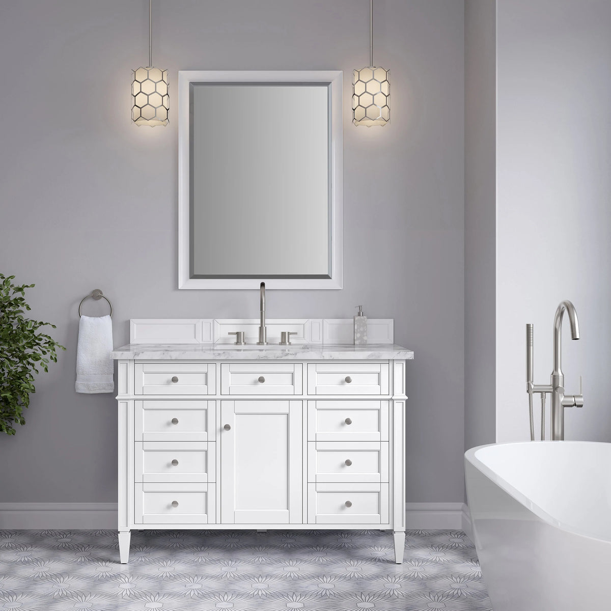 Brittany 48" Single Vanity, Bright White w/ 3 CM Carrara Marble Top