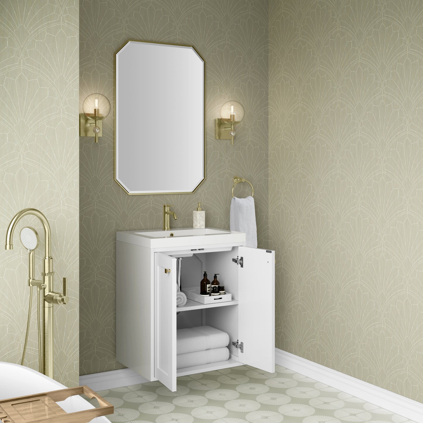 Renovate for Less Atlanta Chianti 24" Single Vanity, Glossy White, Champagne Brass, w/ White Glossy Composite Stone Top