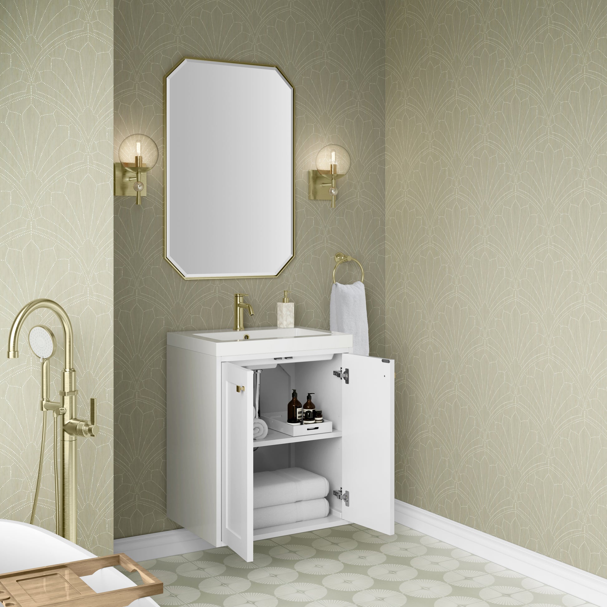 Renovate for Less Atlanta Chianti 24" Single Vanity, Glossy White, Champagne Brass, w/ White Glossy Composite Stone Top