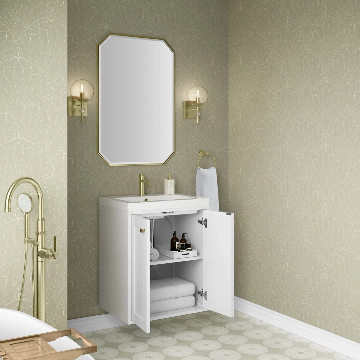 Chianti 24" Single Vanity, Glossy White, Champagne Brass, w/ White Glossy Composite Stone Top