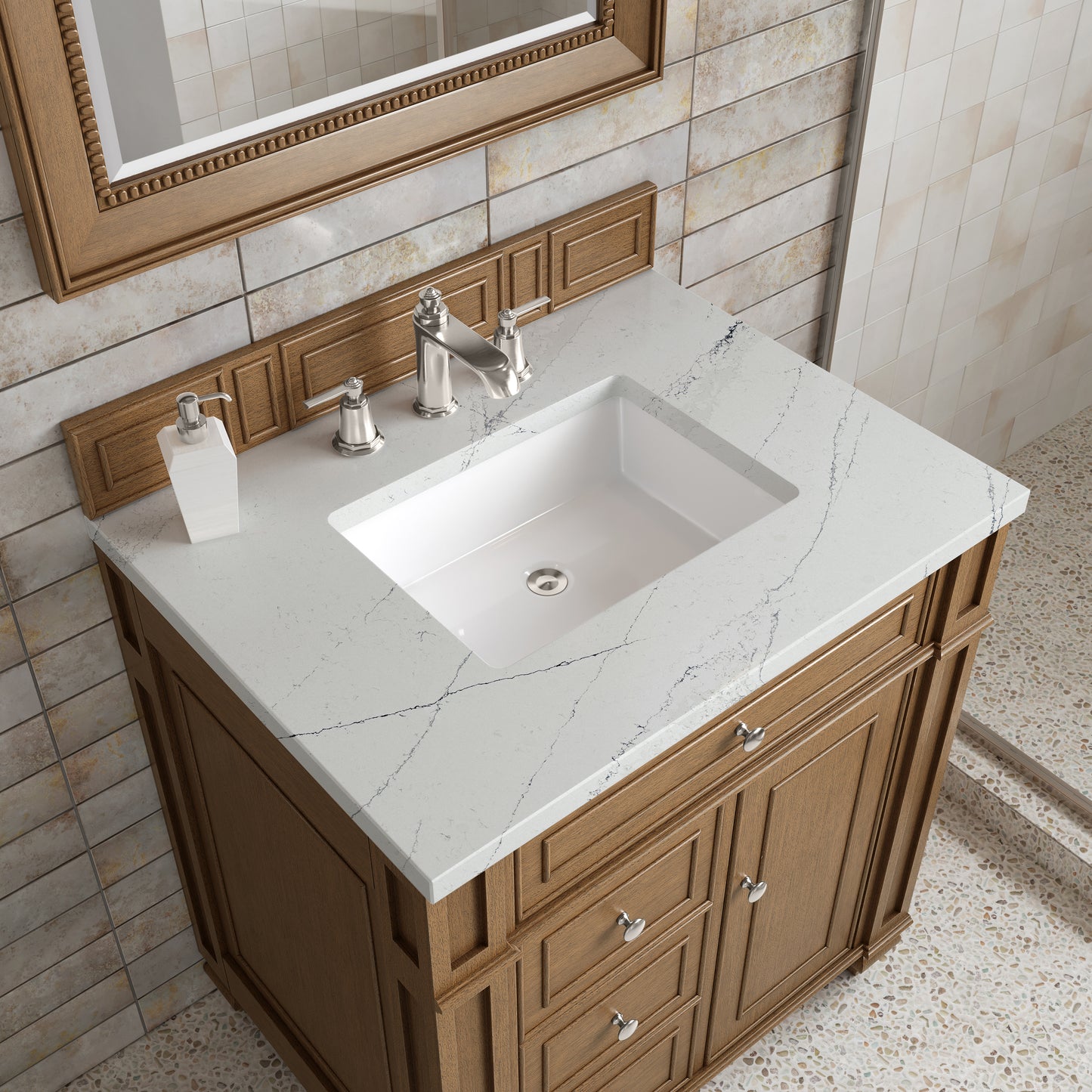 Renovate for Less Atlanta Bristol 30" Single Vanity, Saddle Brown w/ 3 CM Ethereal Noctis Silestone Top