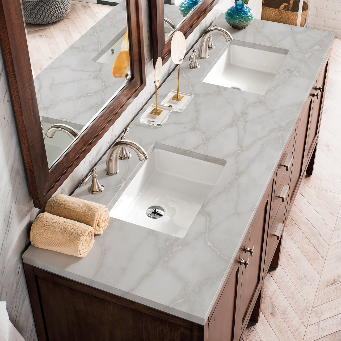 Renovate for Less Atlanta Addison 72" Double Vanity, Mid-Century Acacia w/ 3 CM Victorian Silver Silestone Top