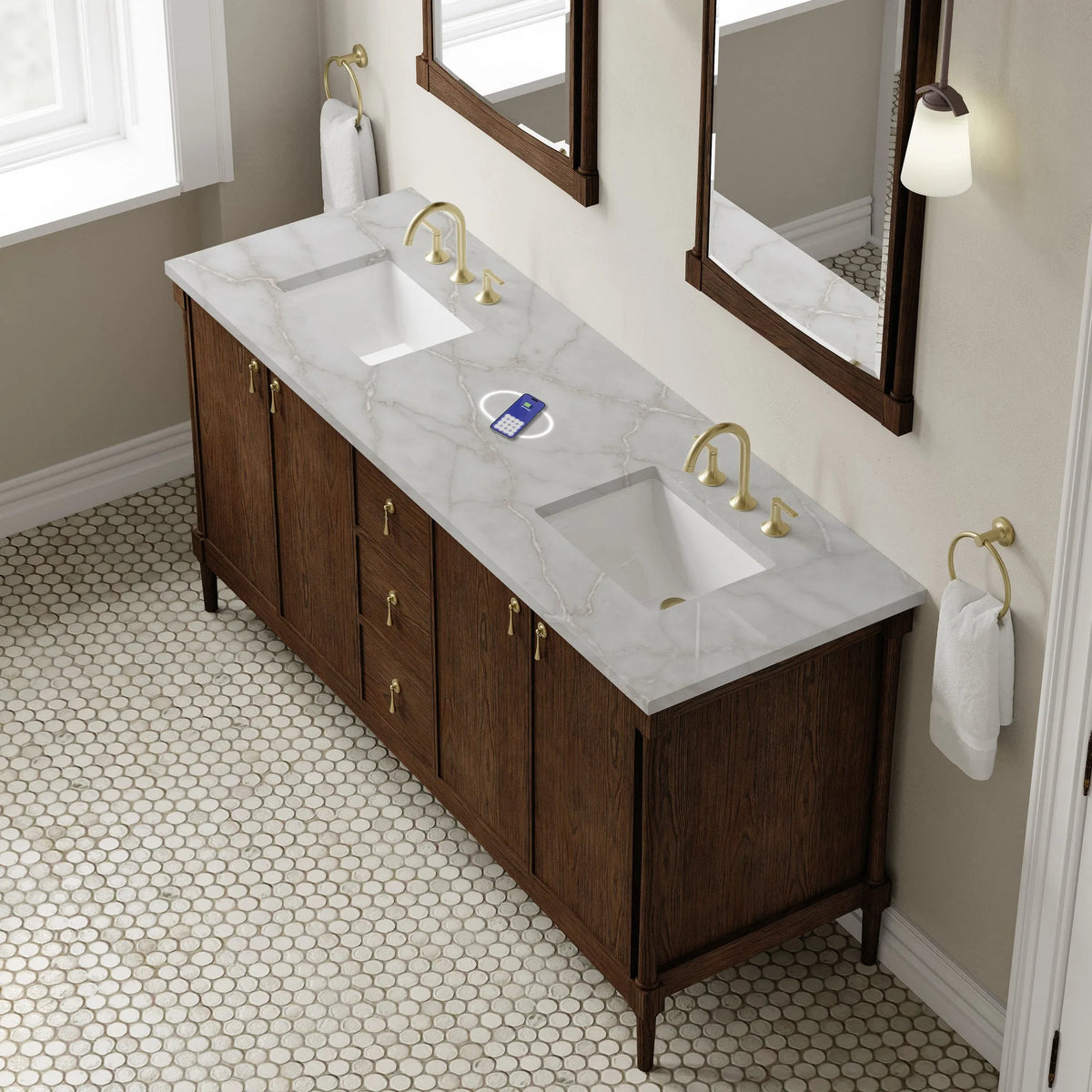 Kinnsden 72" Double Vanity, Sable Oak w/ 3 CM Victorian Silver Silestone Top w/FreePower Wireless Charger