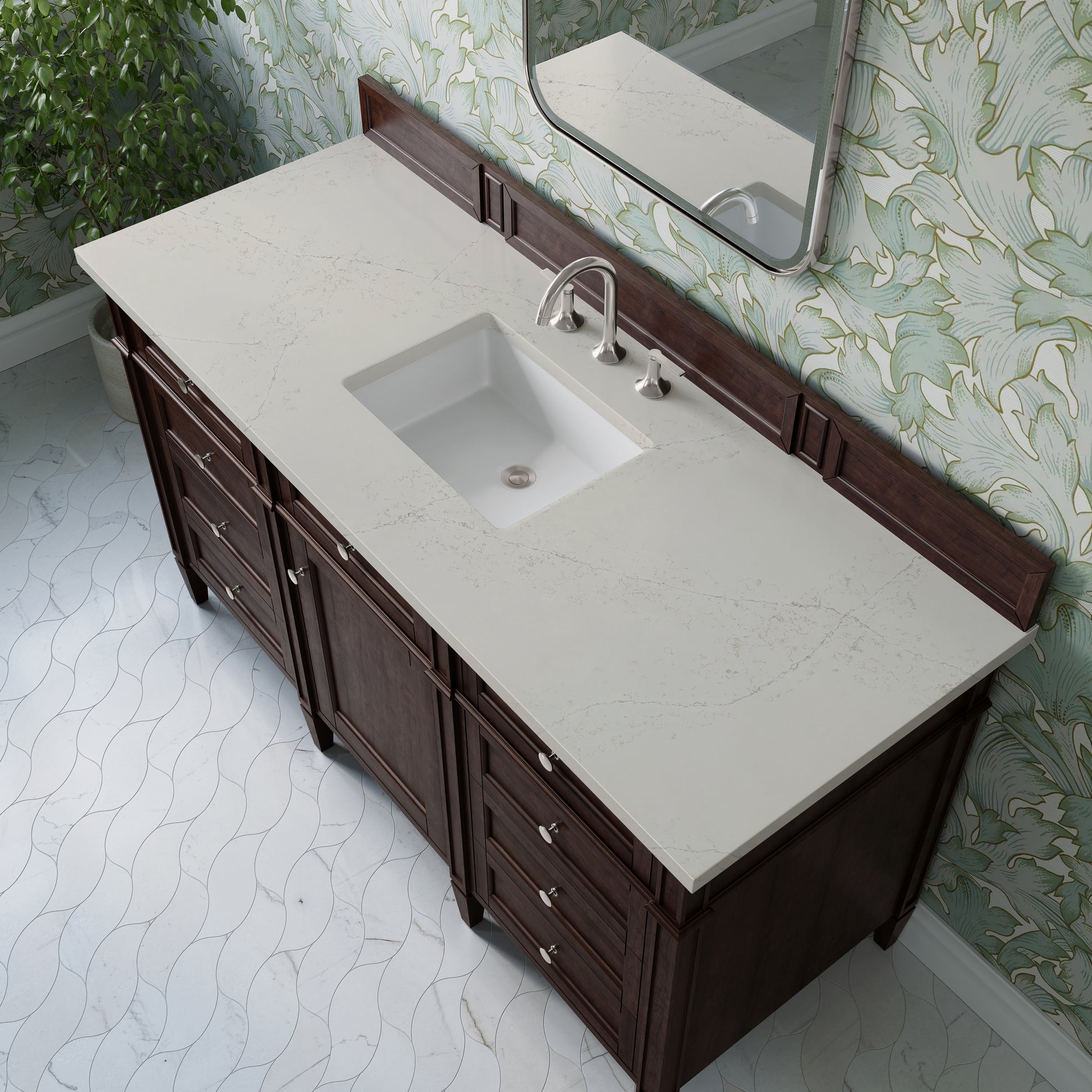 Renovate for Less Atlanta Brittany 60" Single Vanity, Burnished Mahogany, w/ 3 CM Siberian Silestone Top