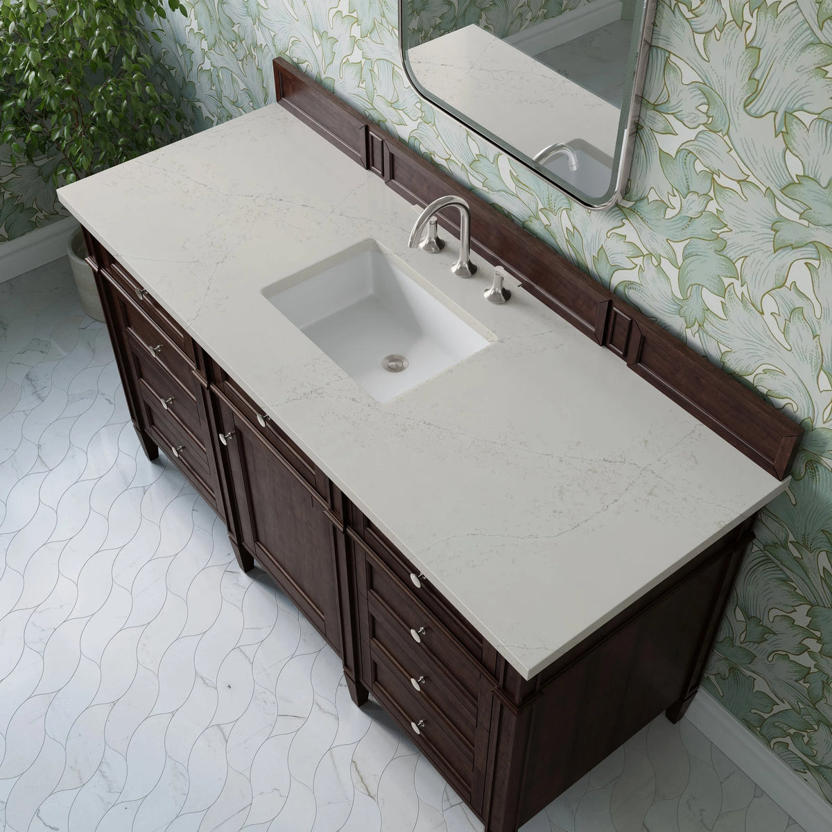 Brittany 60" Single Vanity, Burnished Mahogany, w/ 3 CM Siberian Silestone Top
