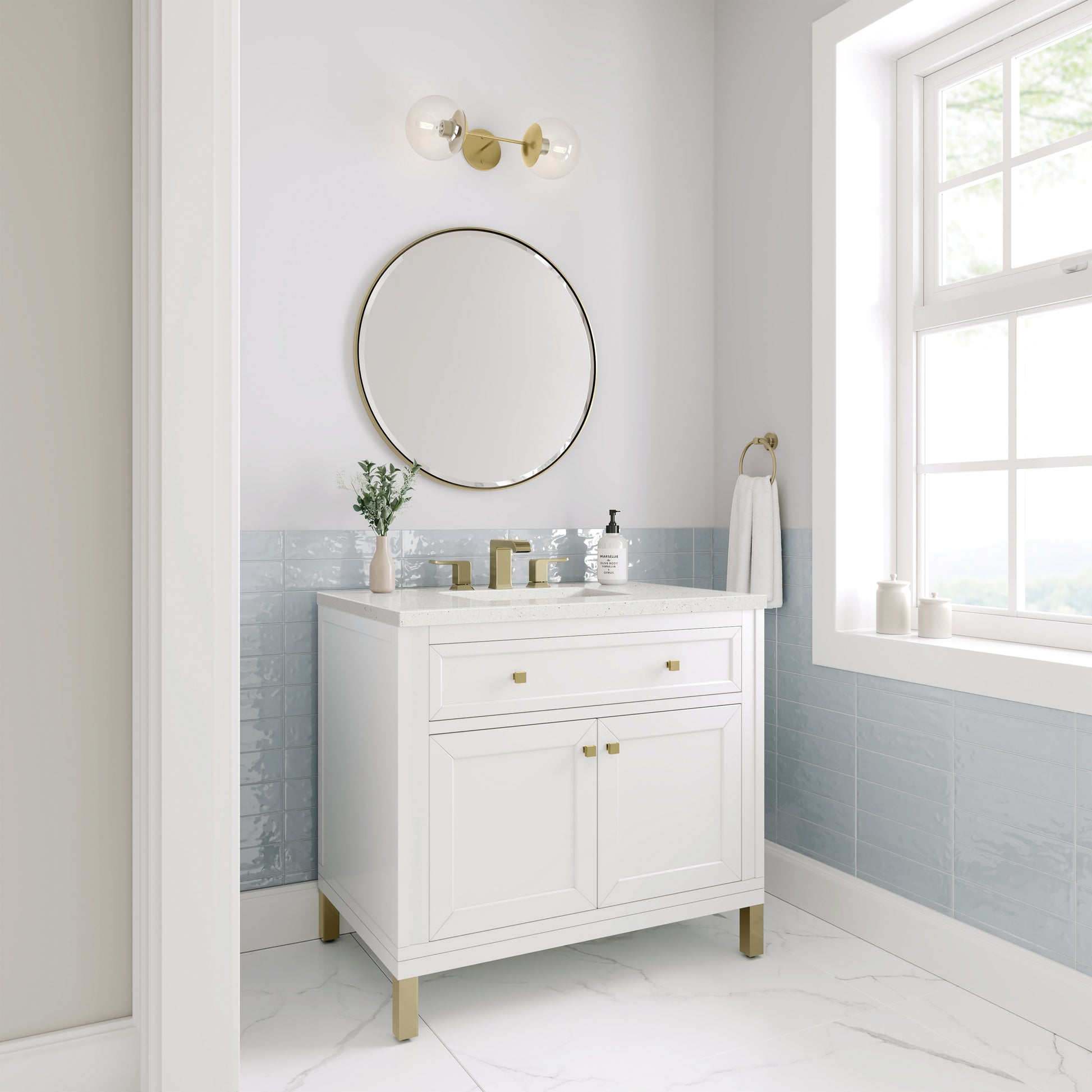 Renovate for Less Atlanta Chicago 36" Single Vanity, Glossy White, w/ 3 CM Lime Delight Silestone® Top