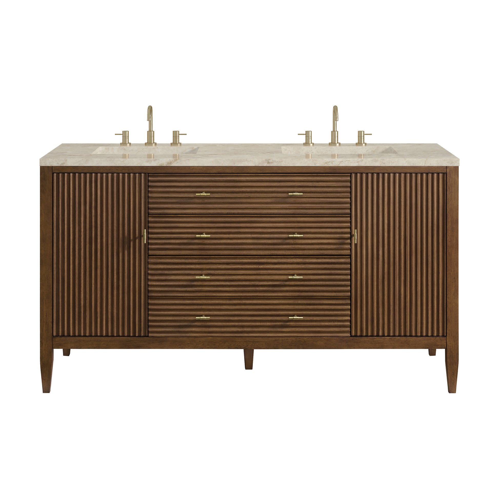 Renovate for Less Atlanta Myrrin 60" Double Vanity, Mid Century Walnut, w/ 3 CM Tajnar Eclos Top w/FreePower Wireless Charger