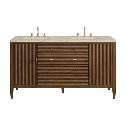 Renovate for Less Atlanta Myrrin 60" Double Vanity, Mid Century Walnut, w/ 3 CM Tajnar Eclos Top w/FreePower Wireless Charger