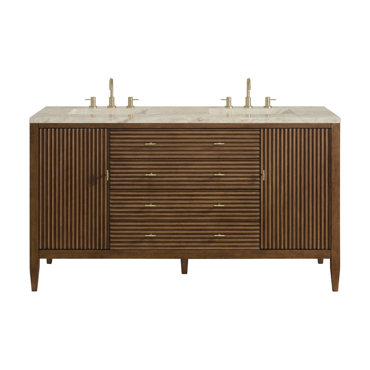 Myrrin 60" Double Vanity, Mid Century Walnut, w/ 3 CM Tajnar Eclos Top w/FreePower Wireless Charger