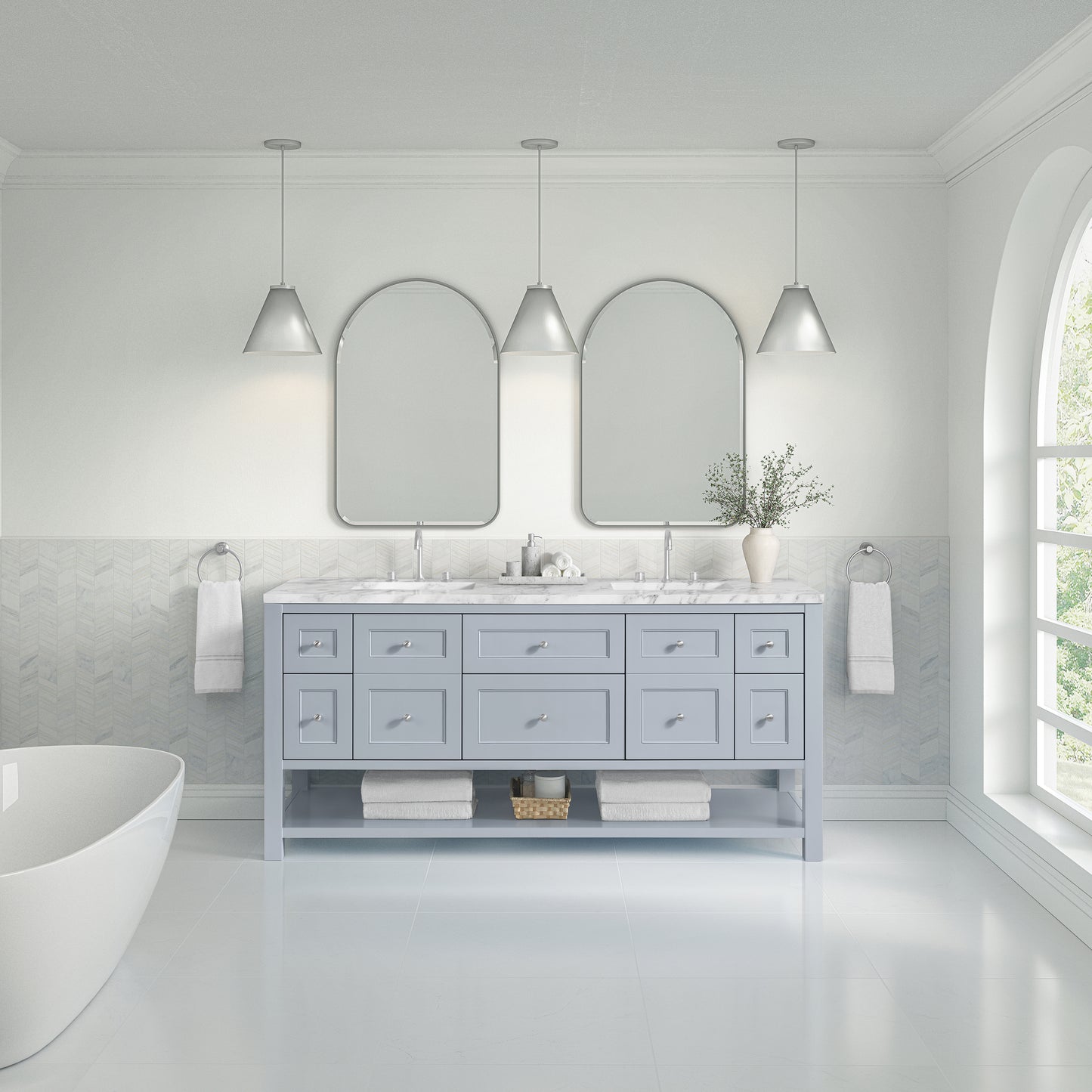 Renovate for Less Atlanta Breckenridge 72" Double Vanity, Serenity Blue, w/ 3 CM Carrara Marble Top