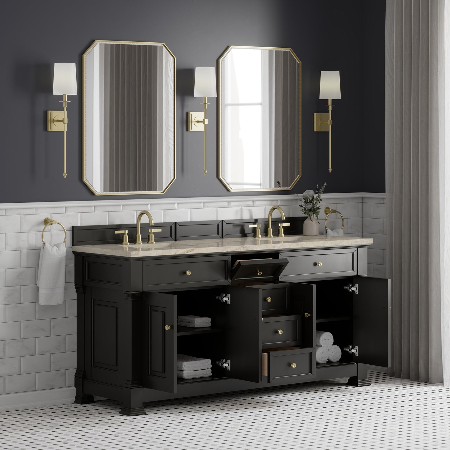 Renovate for Less Atlanta Brookfield 72" Double Vanity, Black Onyx, w/ 3 CM Tajnar Eclos Top w/FreePower Wireless Charger