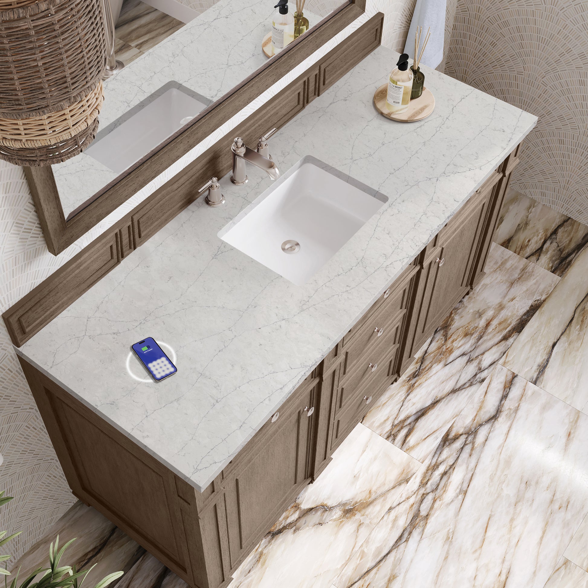 Renovate for Less Atlanta Bristol 60" Single Vanity, Whitewashed Walnut w/ 3 CM Eternal Jasmine Pearl Silestone Top w/FreePower Wireless Charger