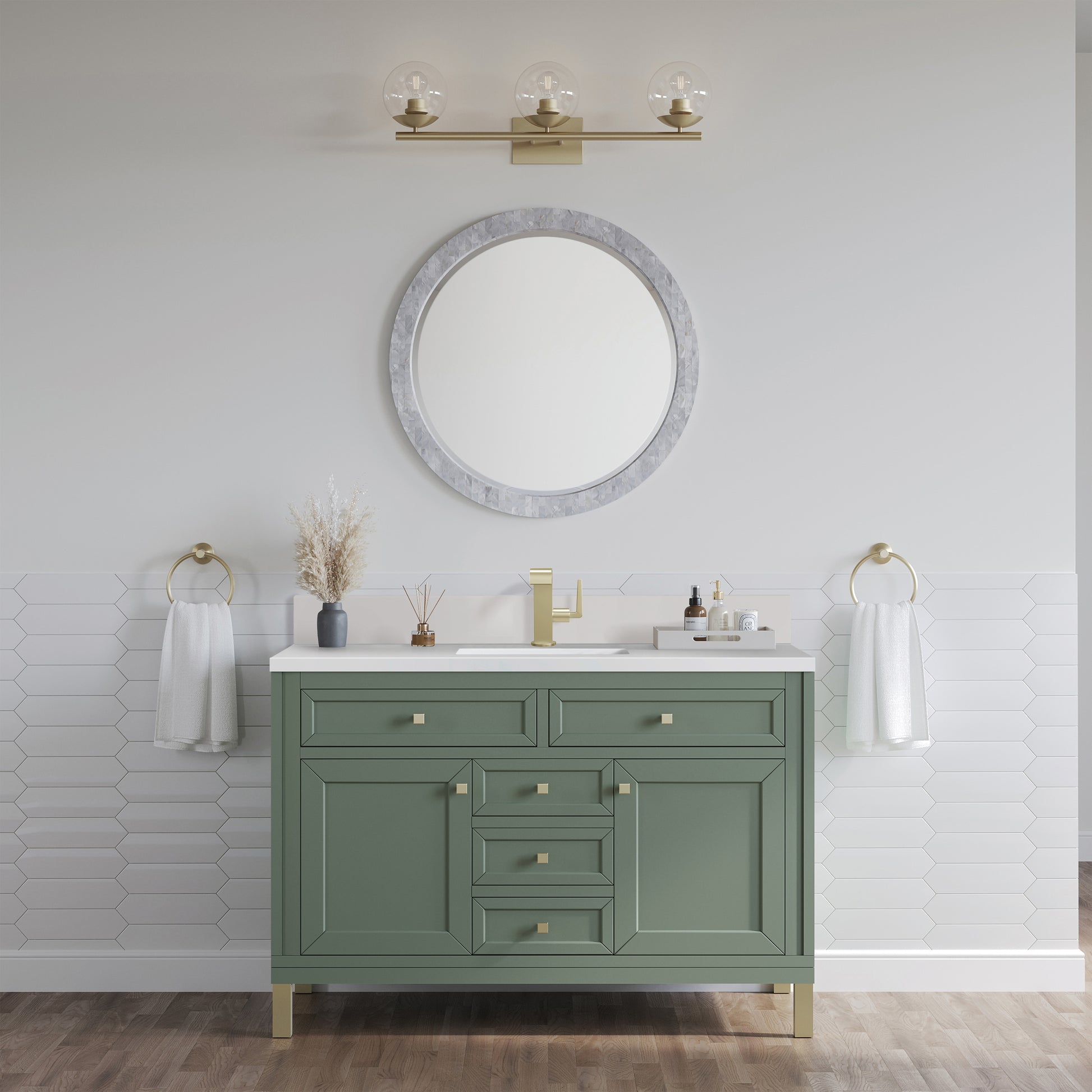 Renovate for Less Atlanta Chicago 48" Single Vanity, Smokey Celadon, w/ Single Hole 3CM White Zeus Silestone® Top & Backsplash