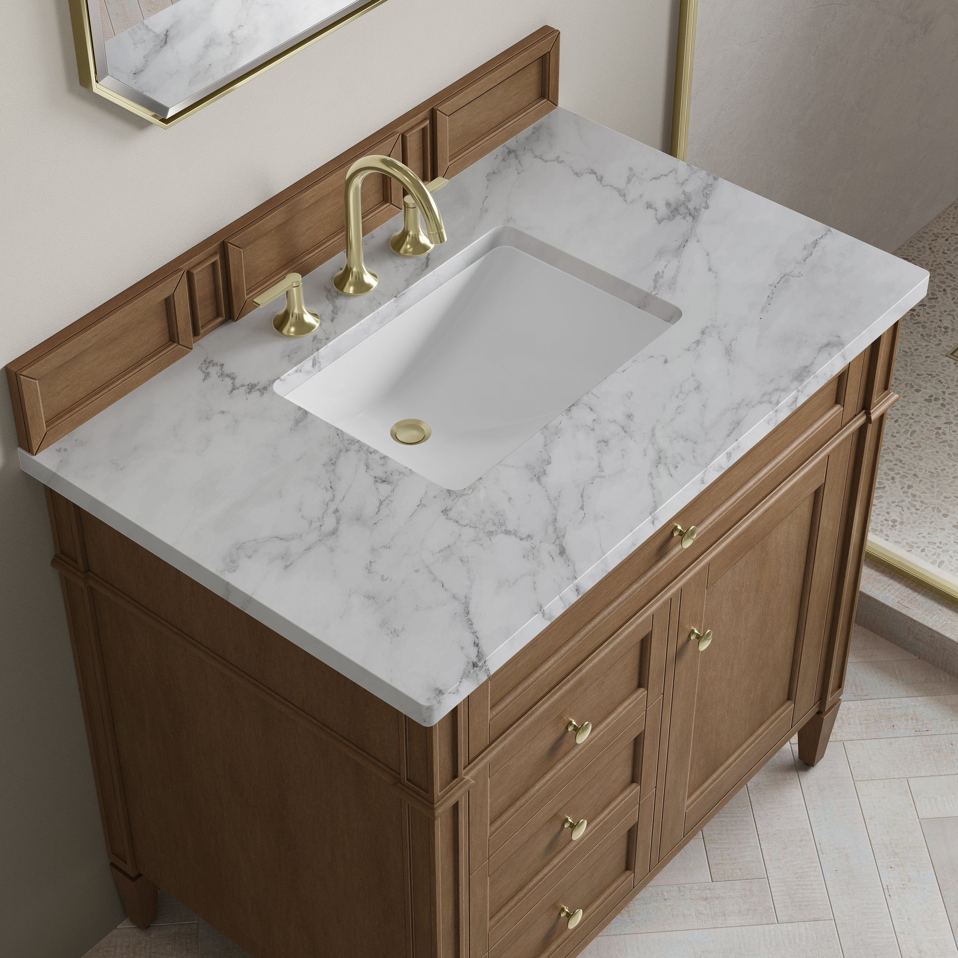 Renovate for Less Atlanta Brittany 36" Single Vanity, Pecan w/ 3 CM Carrara Marble Top