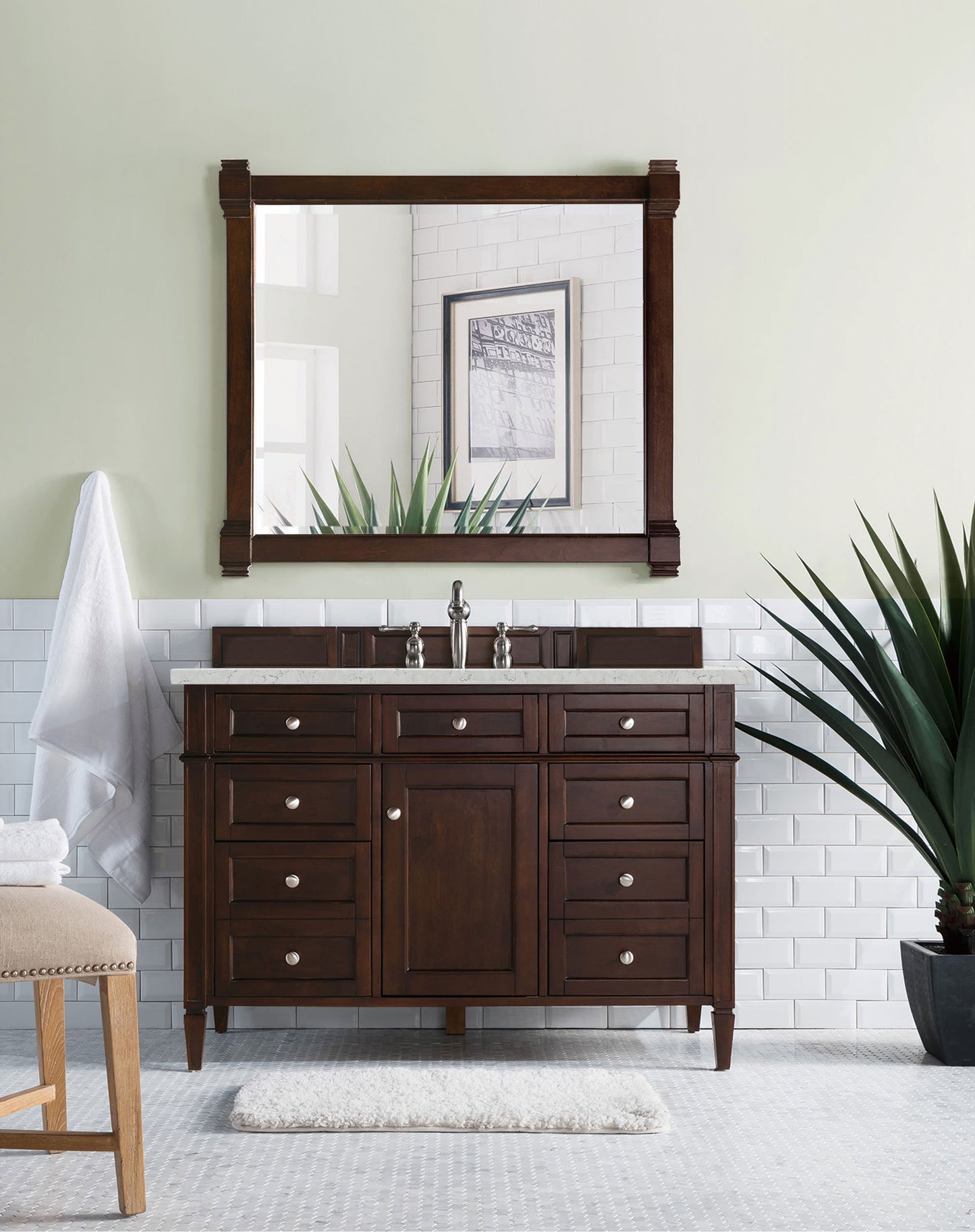 Renovate for Less Atlanta Brittany 48" Single Vanity, Burnished Mahogany w/ 3 CM Eternal Jasmine Pearl Silestone Top w/FreePower Wireless Charger