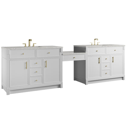 Renovate for Less Atlanta Bellshire 120" Dual Vanity Set with 24" Make-Up Counter, Bright White w/3 cm Eternal Jasmine Pearl Silestone Top